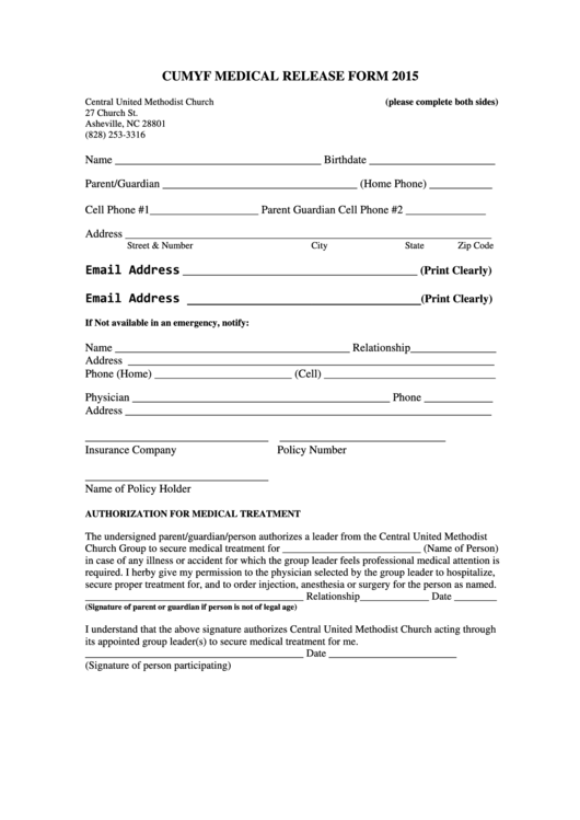 Cumyf Medical Release Form 2015 Printable pdf