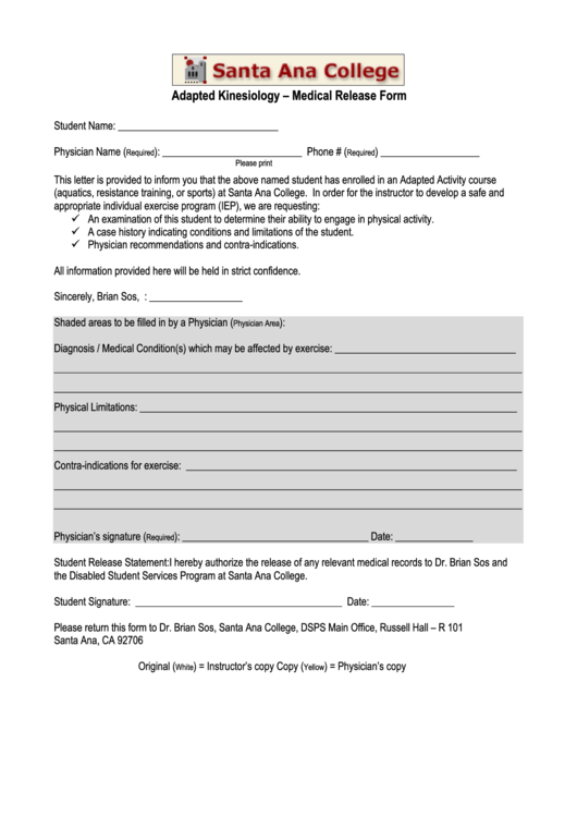 Adapted Kinesiology - Medical Release Form Printable pdf