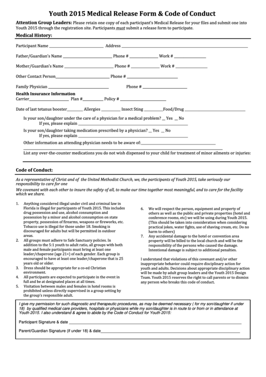 Youth 2015 Medical Release Form - Code Of Conduct Printable pdf