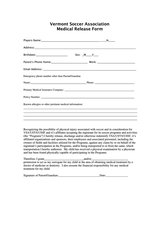 Medical Release Form - Soccer Printable pdf