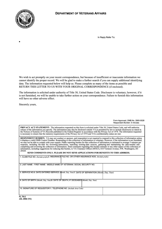 Fillable Form Fl 70-2 - Request To Correspondent For Identifying Information Regarding Veteran - Department Of Veterans Affairs Printable pdf