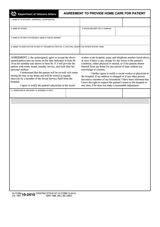 Fillable Agreement To Provide Home Care For Patient Va 10-2410 Printable pdf