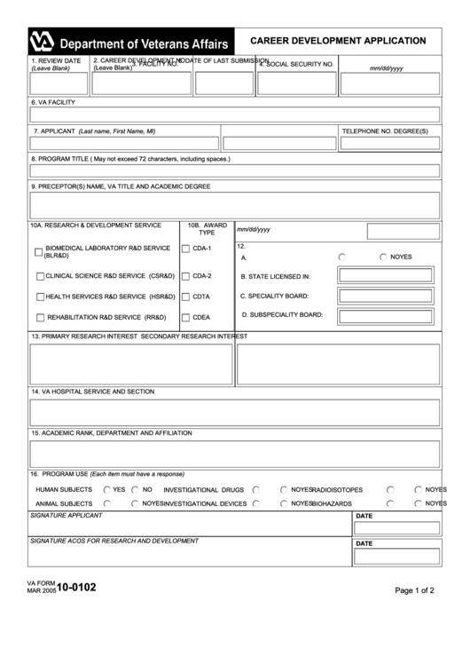 Fillable Va Form 10-0102 - Career Development Application Printable pdf