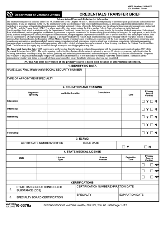 Fillable Va Form 10-0376a - Credentials Transfer Brief Printable pdf