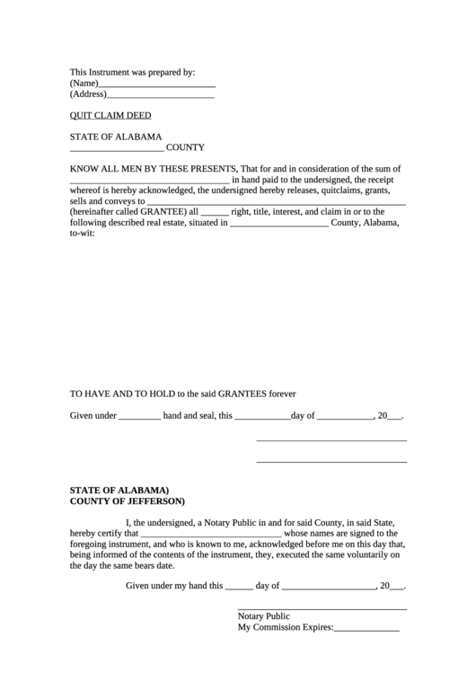 Quit Claim Deed Form Printable pdf