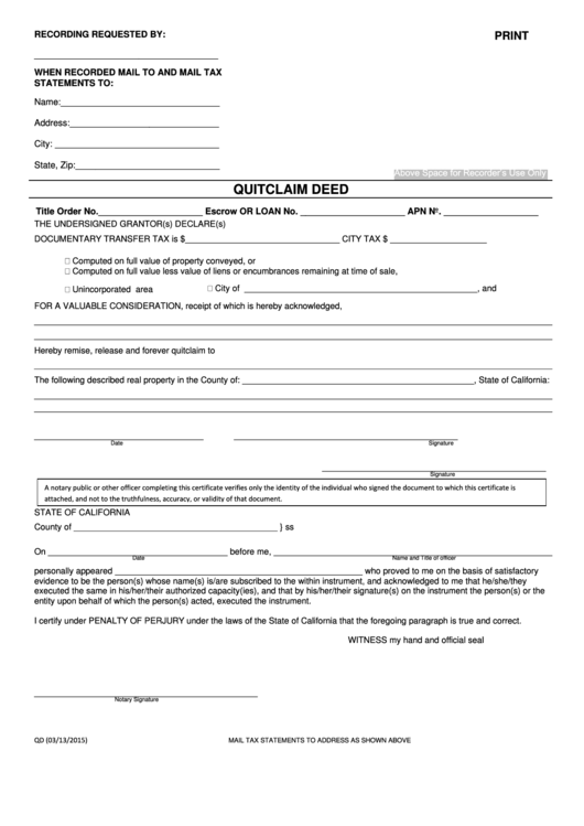 Fillable Quit Claim Deed Printable pdf