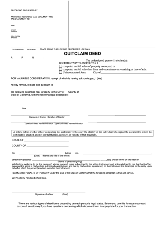 Fillable Quit Claim Deed - State Of California Printable pdf