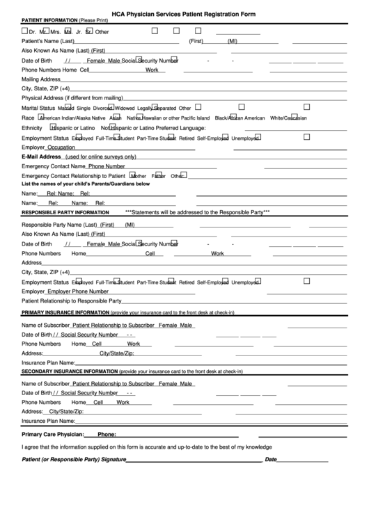 Hca Physician Services Patient Registration Form Printable pdf