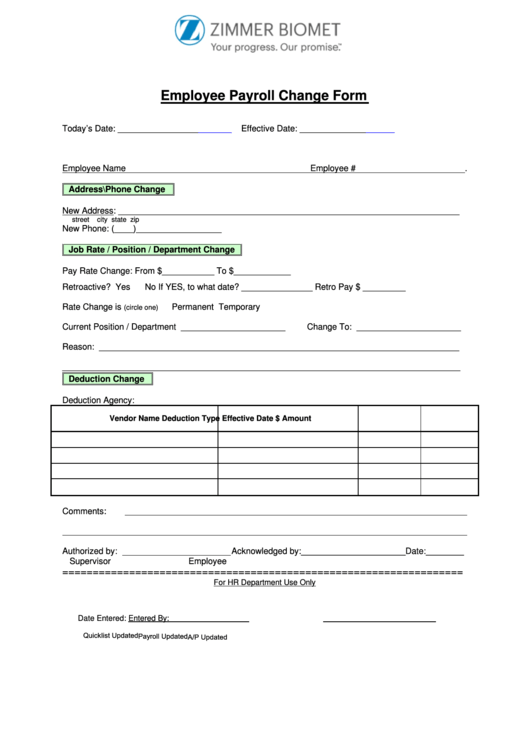 Employee Payroll Change Form Printable pdf