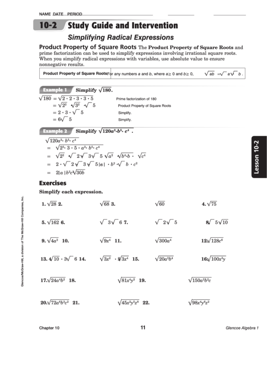 Simplifying Radical Expressions Worksheet Printable pdf