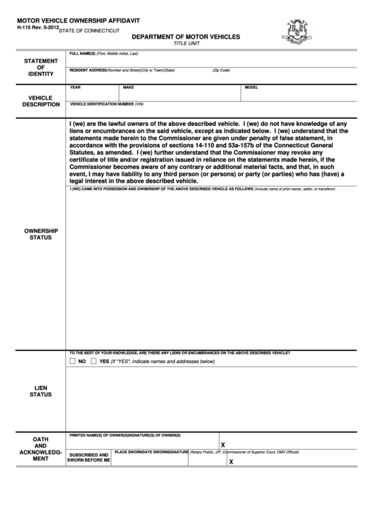 Fillable Motor Vehicle Ownership Affidavit Printable pdf
