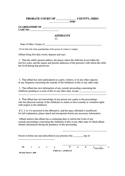 Fillable Affidavit - Ohio Probate Court Printable pdf