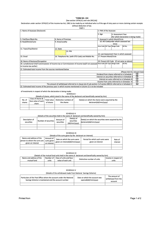 Form No. 15h - Declaration Under Section 197a(1c) Of The Incometax Act, 1961 To Be Made By An Individual Who Is Of The Age Of Sixty Years Or More Claiming Certain Receipts Without Deduction Of Tax Printable pdf