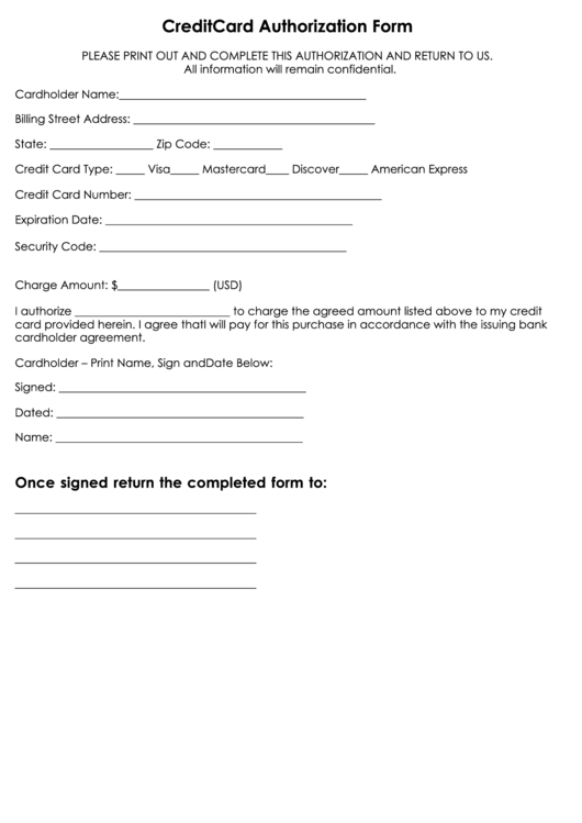 Fillable Credit Card Authorization Form Printable Pdf Download 0522