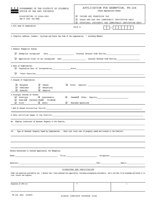 Form Fr-164 - Application For Exemption Printable pdf