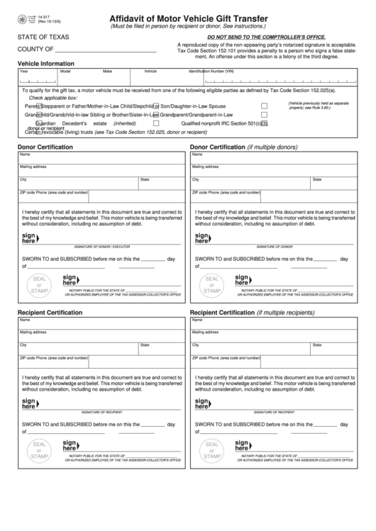 Fillable Affidavit Of Motor Vehicle Gift Transfer Printable pdf