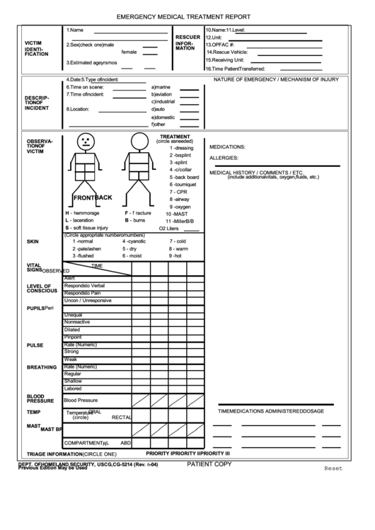 Emergency Medical Treatment Report Printable pdf