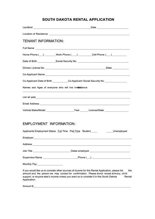 Fillable South Dakota Rental Application Printable pdf