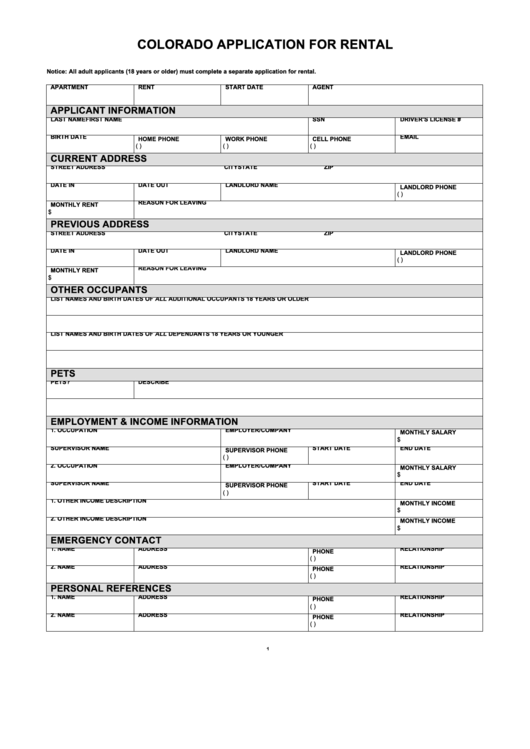 Fillable Colorado Application For Rental Printable pdf