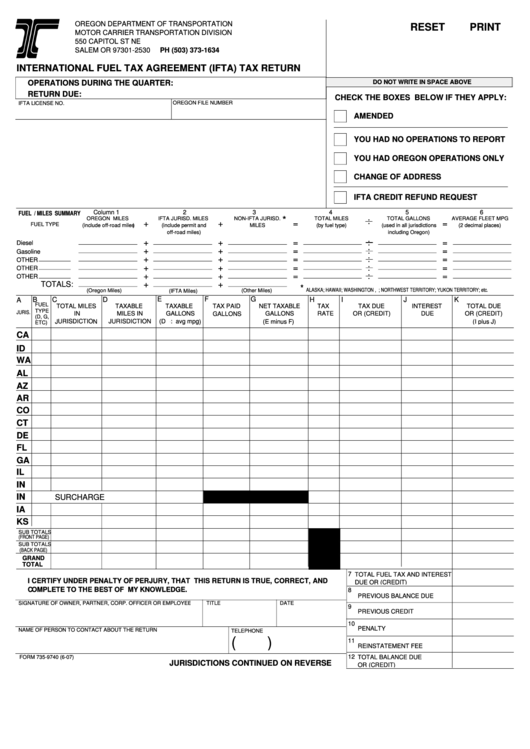 Fillable Form 735-9740 - International Fuel Tax Agreement (Ifta) Tax Return - 2007 Printable pdf