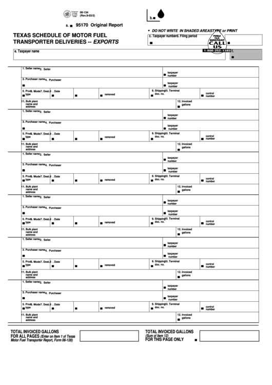 Fillable Form 06-134 - Texas Schedule Of Motor Fuel Transporter Deliveries - 2002 Printable pdf