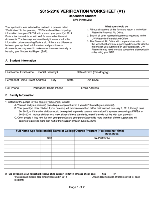 Fillable V1 Dependent Verification Form Printable pdf