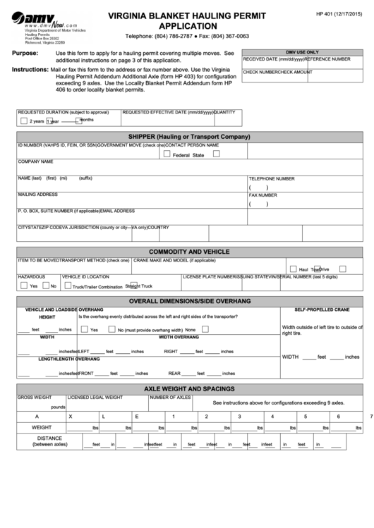 Fillable Virginia Blanket Hauling Permit Application Printable pdf