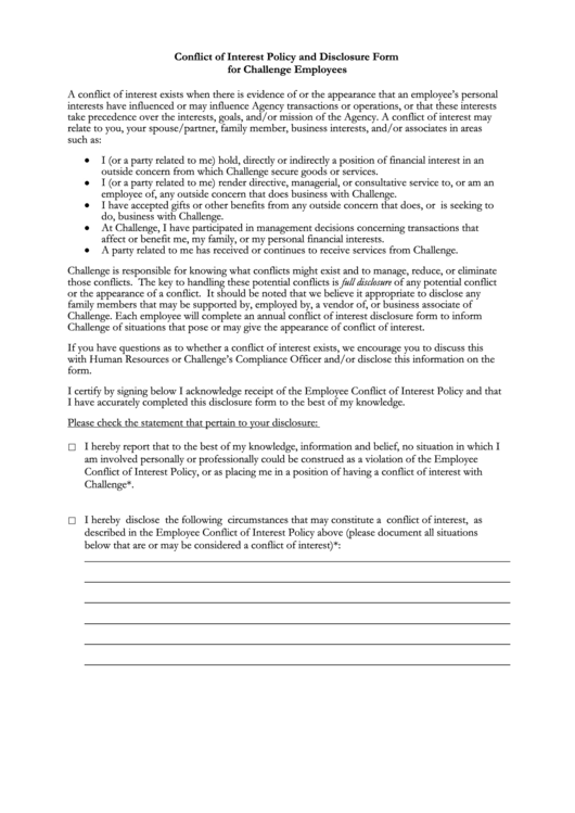 Conflict Of Interest Policy And Disclosure Form For ...
