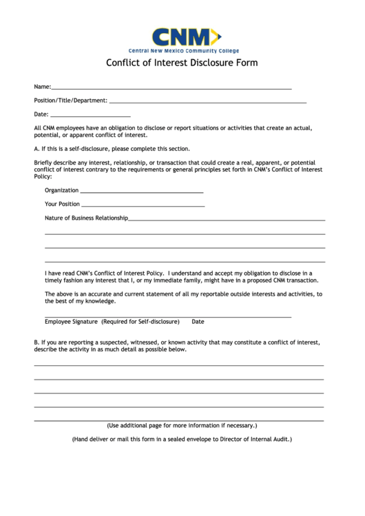 Cnm Conflict Of Interest Disclosure Form Conflict Of Interest Disclosure Form Printable pdf