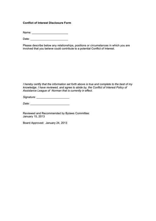 Conflict Of Interest Disclosure Form Printable pdf