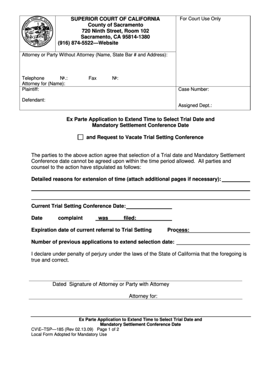 Fillable Ex Parte Application To Extend Time To Select Trial Date And Mandatory Settlement Conference Date Printable pdf