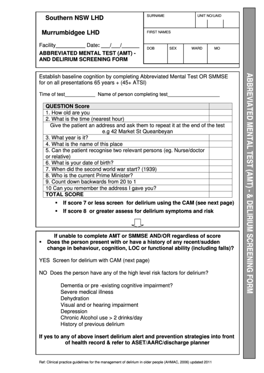 Abbreviated Mental Test (Amt) - And Delirium Screening Form Printable pdf