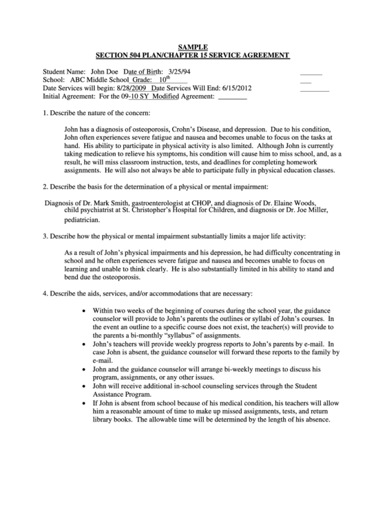 Section 504 Plan/chapter 15 Service Agreement Printable pdf