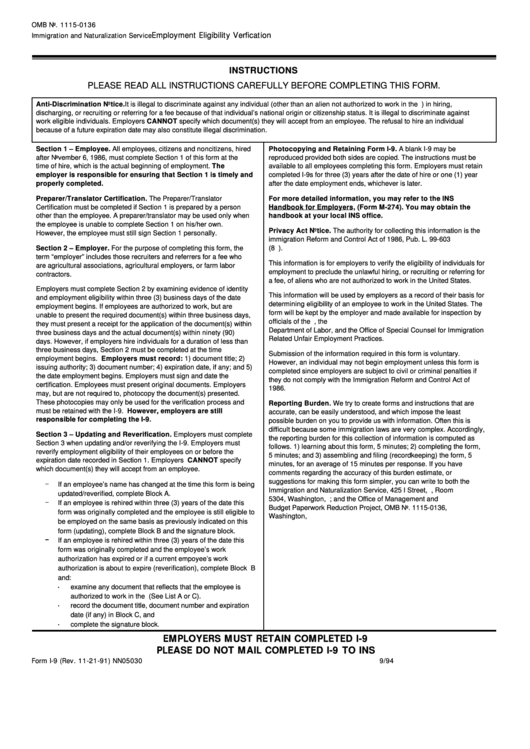 Form I 9 Employment Eligibility Verfication Printable Pdf Download