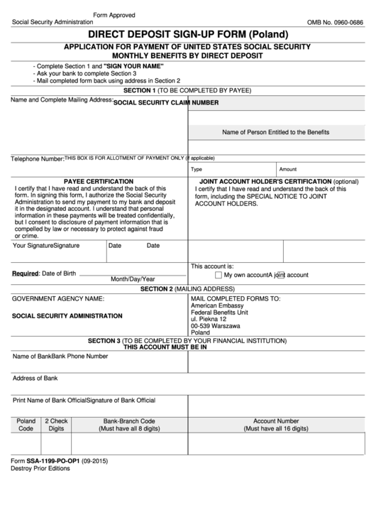 Fillable Form Ssa-1199-Po-Op1 - Direct Deposit Sign-Up Form (Poland) Printable pdf