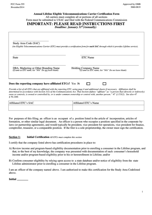 Annual Lifeline Eligible Telecommunications Carrier Certification Form