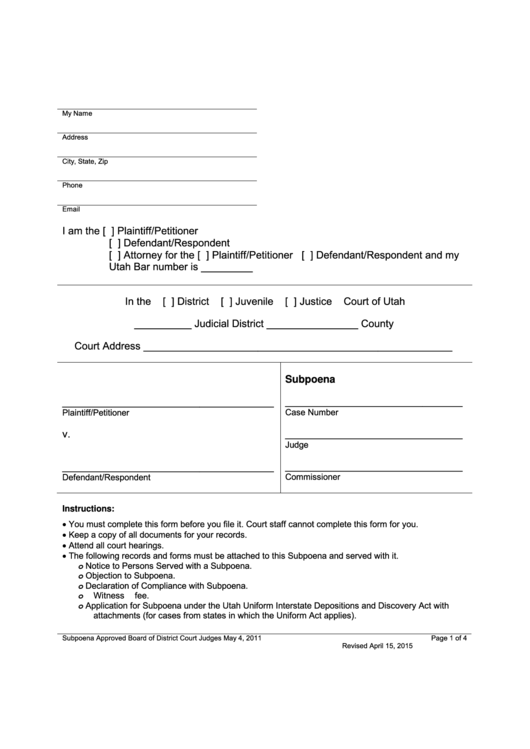 Subpoena Form Printable pdf