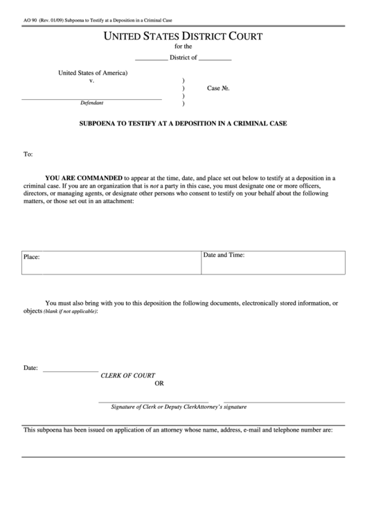 Fillable Form Ao 90 - Subpoena To Testify At A Deposition In A Criminal Case Printable pdf
