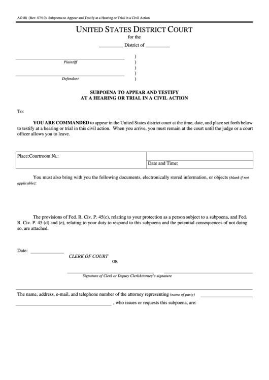 Fillable Subpoena In A Civil Action Printable pdf