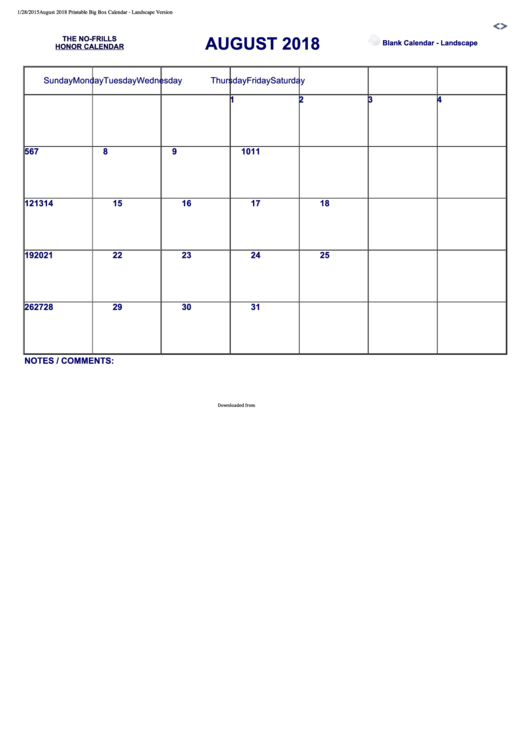 2018 August Blank Calendar Template Printable pdf