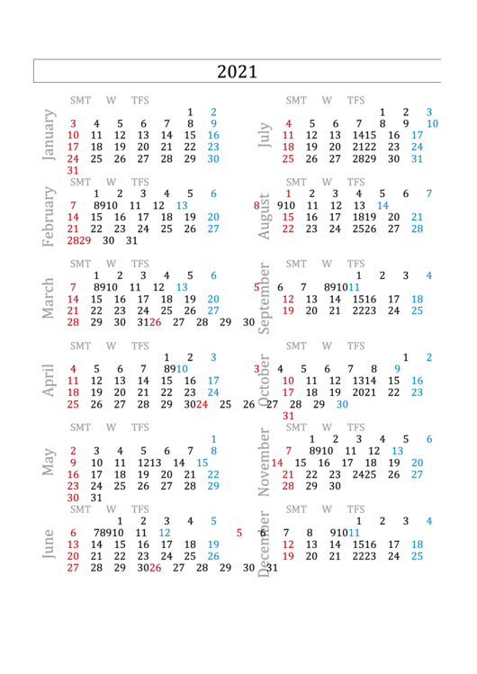 2021 Monthly Calendar Template Printable pdf