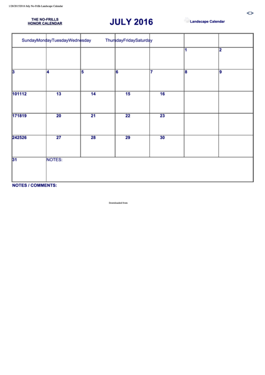 July 2016 Calendar Template Printable pdf