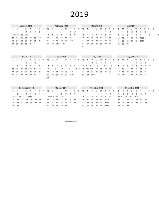 2019 Yearly Calendar Template - B&w, Landscape