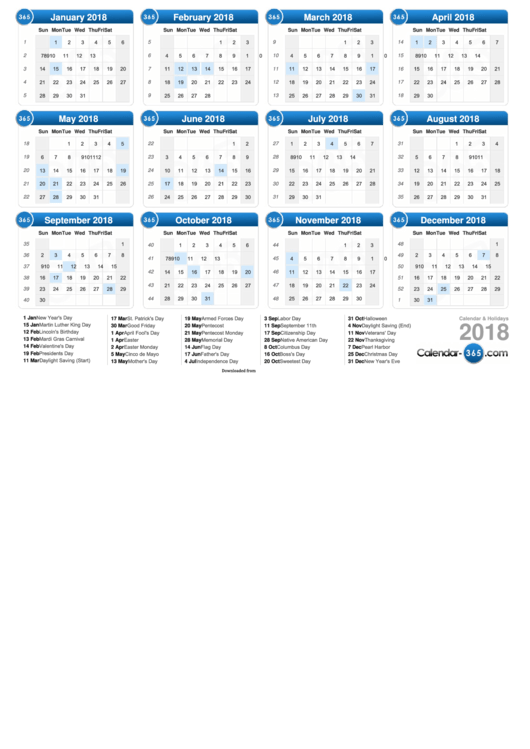 Yearly Calendar Template - 2018 Printable pdf