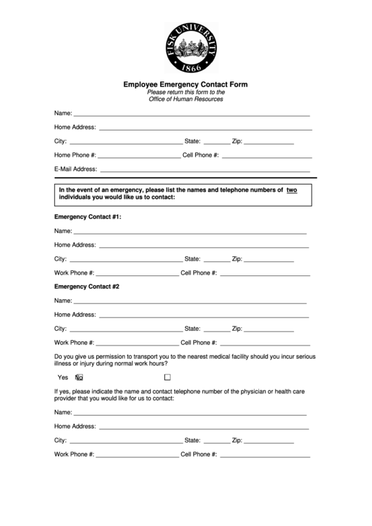 Fillable Employee Emergency Contact Form Printable pdf