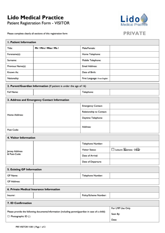 Lido Medical Practice - Patient Registration Form - Visitor Printable pdf
