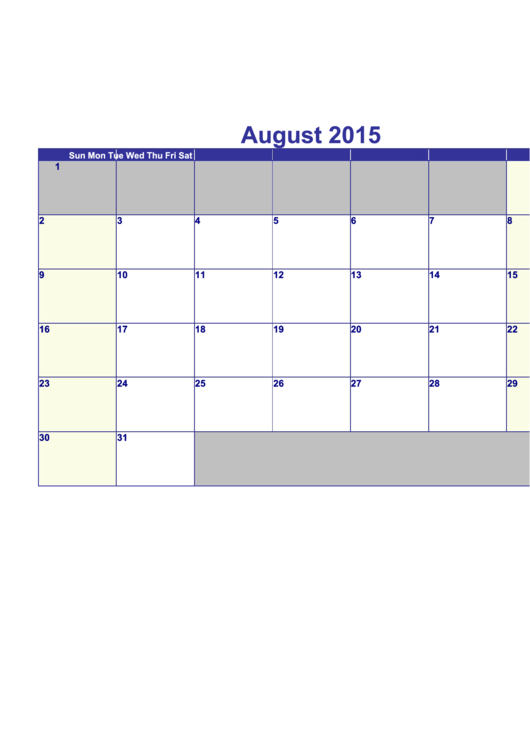 Calendar Template - August 2015 Printable pdf