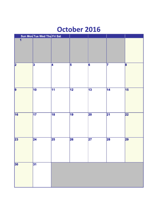 October Calendar Template - 2016 Printable pdf