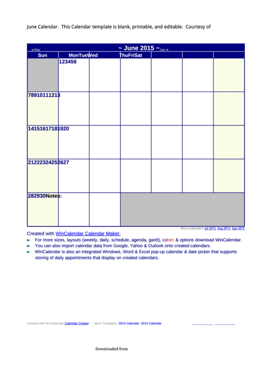 June 2015 Calendar Template Printable pdf