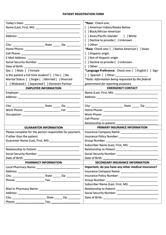 Patient Registration Form printable pdf download